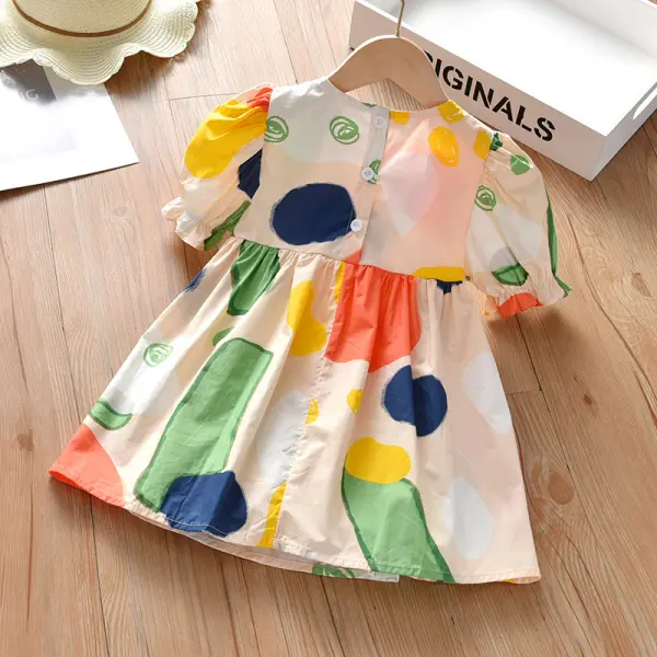 【18M-7Y】Cute Colorful Fruit Print Round Neck Short Sleeve Dress - Popopiestyle.com 