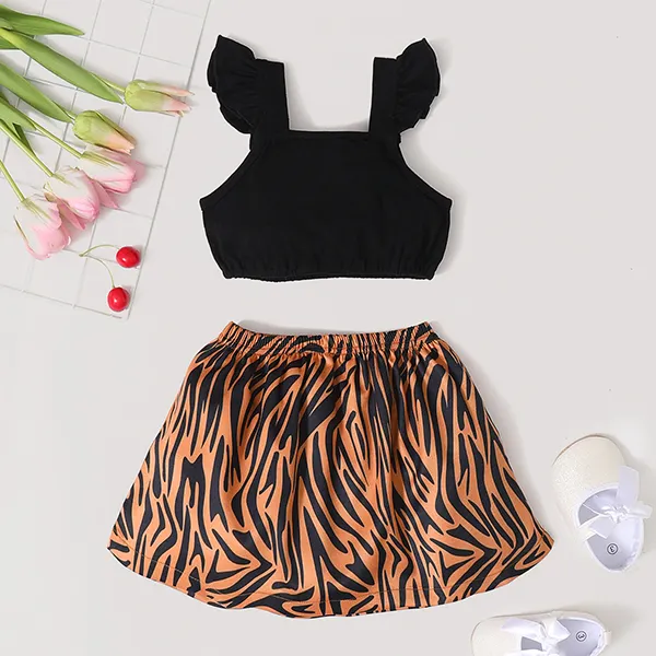 【12M-5Y】Cute Girls Black Flying Sleeves Suspenders With Shirt And Leopard Print Shorts Two-piece Set - Popopiestyle.com 