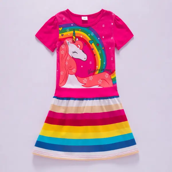 【3Y-8Y】Girl Sweet Rainbow Unicorn Pattern Short Sleeve Dress - Popopiestyle.com 