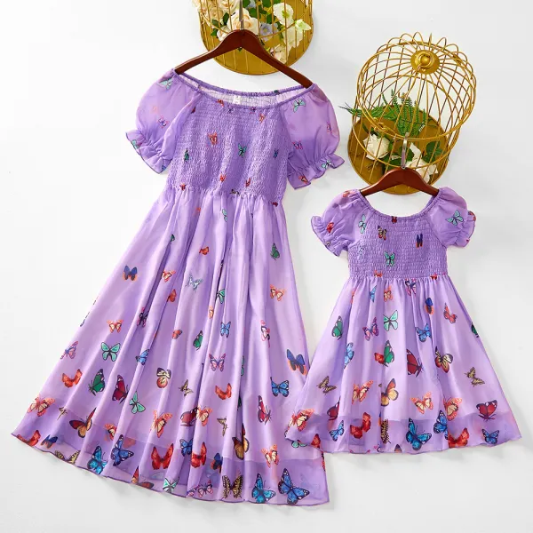 Sweet Purple Butterfly Print Mom Girl Matching Dress - Popopiestyle.com 