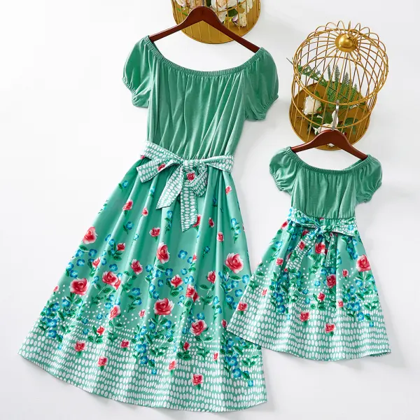 Sweet Floral Print Off The Shoulder Green Dress Mom Girl Matching Dress - Popopiestyle.com 