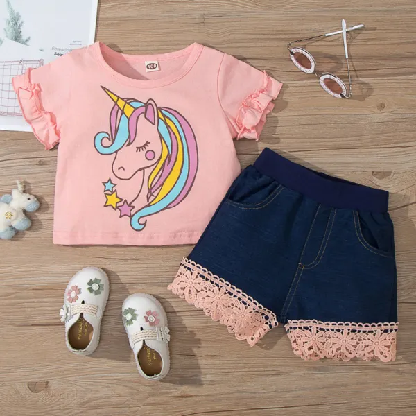 【18M-7Y】Cute Cartoon Unicorn Pink T-shirt and Shorts Set - Popopiestyle.com 