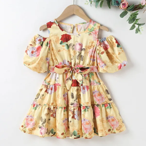 【18M-7Y】Sweet Flower Print Round Neck Short Sleeve Yellow Dress - Popopiestyle.com 