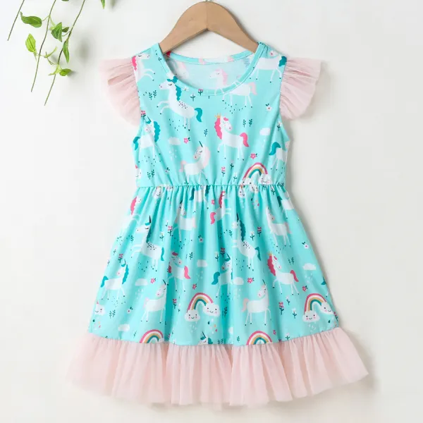 【18M-7Y】Cute Rainbow and Unicorn Print Green Dress - Popopiestyle.com 