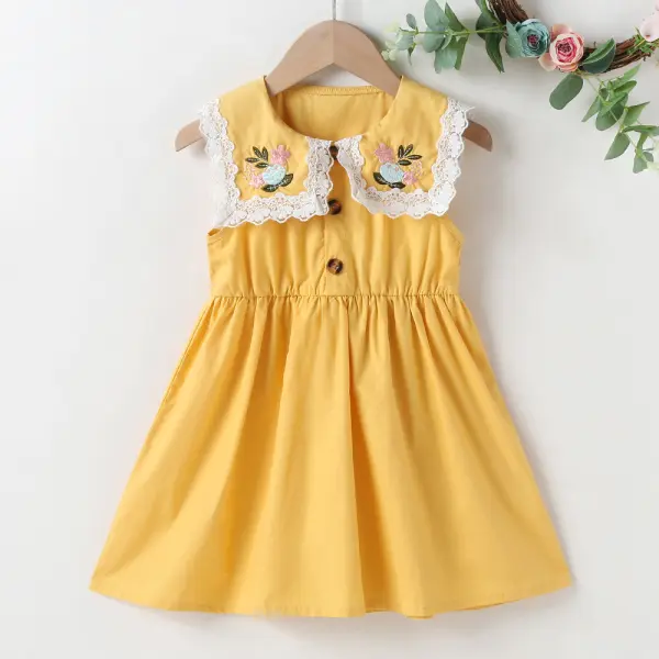 【18M-7Y】Sweet Flowers Embroidered Collar Sleeveless Dress - Popopiestyle.com 