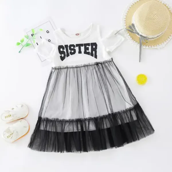 【18M-7Y】Girls' Round Neck Short-sleeved Letter Print Stitching Mesh Dress - Popopiestyle.com 