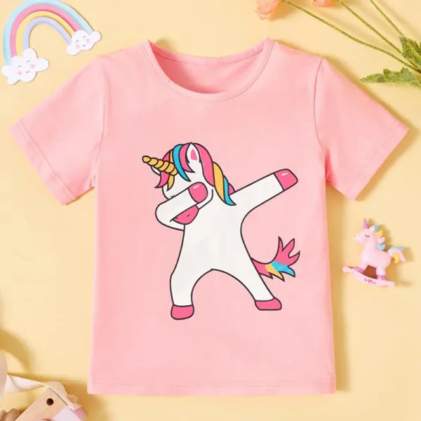 【12M-5Y】Girls Unicorn Pattern Round Neck Short Sleeve T-Shirt - Popopiestyle.com 