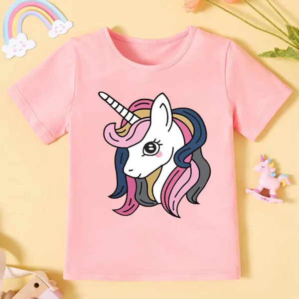 【12M-5Y】Girls Unicorn Pattern Round Neck Short Sleeve T-Shirt - Popopiestyle.com 