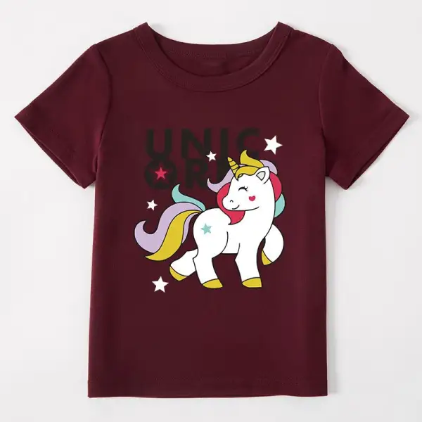 【12M-5Y】Girls Unicorn Pattern Round Neck Short Sleeve T-Shirt - Popopiestyle.com 