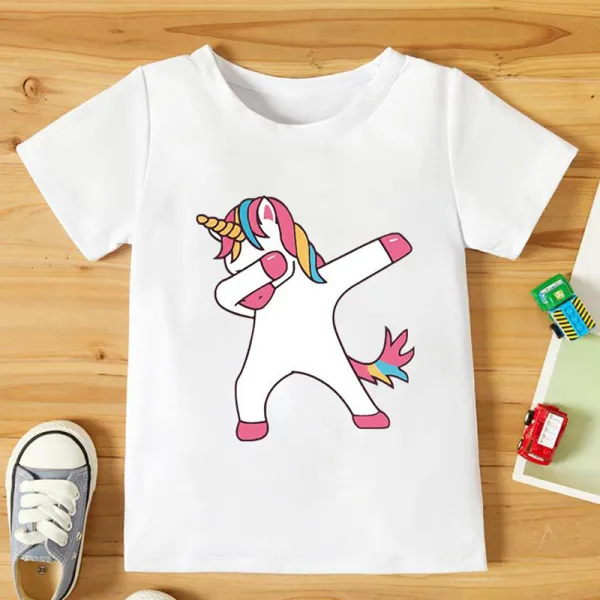 【18M-7Y】Girls Unicorn Pattern Round Neck Short Sleeve T-Shirt - Popopiestyle.com 