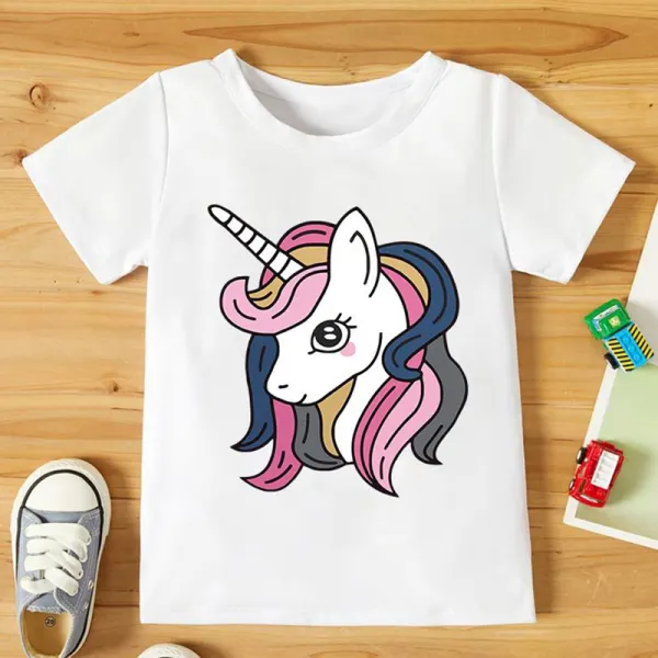 【18M-7Y】Girls Unicorn Pattern Round Neck Short Sleeve T-Shirt - Popopiestyle.com 