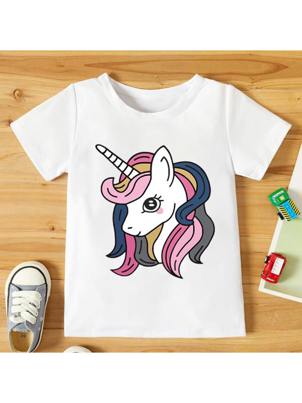 【18M-7Y】Girls Unicorn Pattern Round Neck Short Sleeve T-Shirt
