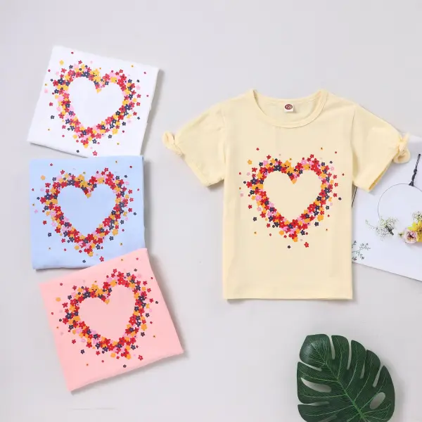 【4Y-13Y】Girls Fashion Casual Flower Love Bow Short-sleeved T-shirt - Popopiestyle.com 