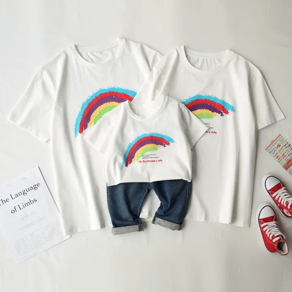 Casual Rainbow And Letter Print White T-shirt Family Matching Outfits - Popopiestyle.com 