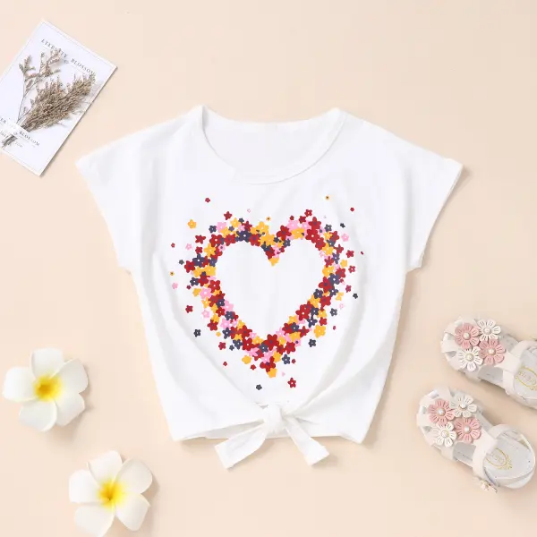 【4Y-13Y】Girls Fashion Casual Flower Love Short-sleeved T-shirt - Popopiestyle.com 