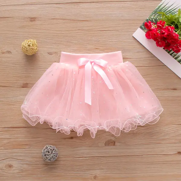 【12M-5Y】Girls Small Bow Love Sequins Pure Color Mesh Fairy Skirt - Popopiestyle.com 