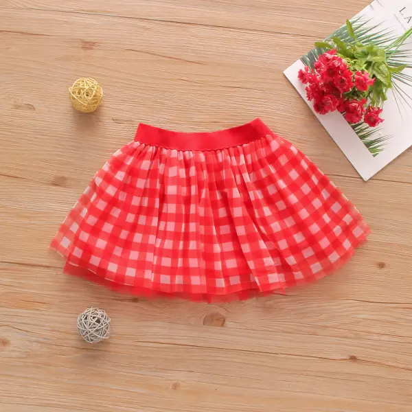 Girls Retro Style Plaid Printed Pure Color Mesh Stitching Short Skirt - Popopiestyle.com 