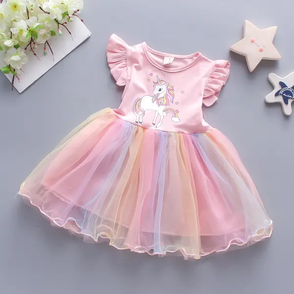 【12M-4Y】Girls Rainbow Pony Color Glitter Mesh Stitching Sleeveless Skirt - Popopiestyle.com 