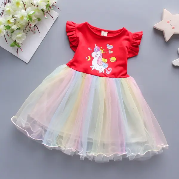 Girls Sleeveless Cartoon Love Unicorn Colorful Rainbow Mesh Skirt - Popopiestyle.com 