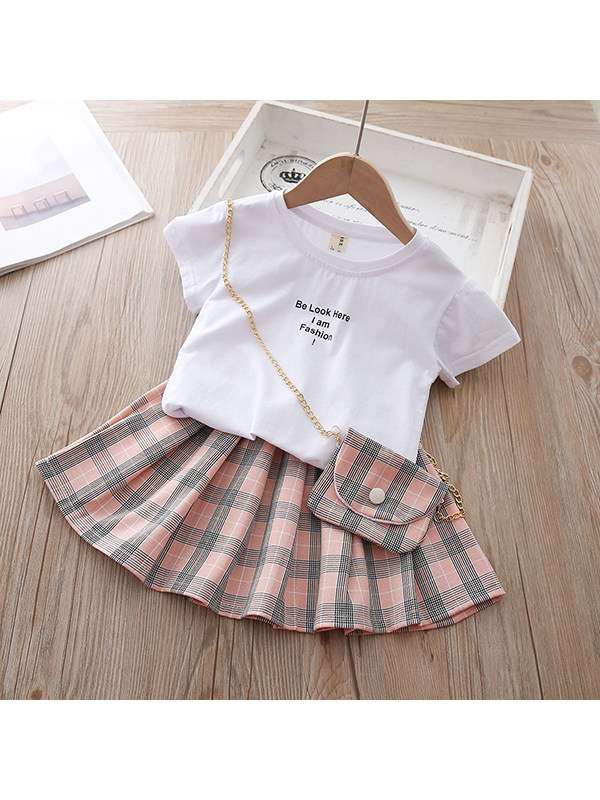【18M-7Y】Girls Round Neck Short Sleeve Letter Print Top with Plaid Skirt Bag Set - 3472