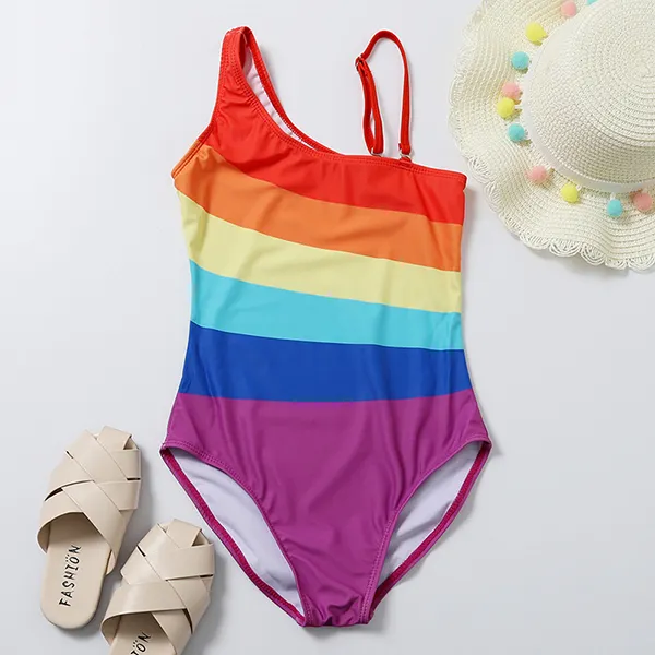 【6Y-13Y】Girls Rainbow Color Oblique One-shoulder One-piece Swimsuit - Popopiestyle.com 