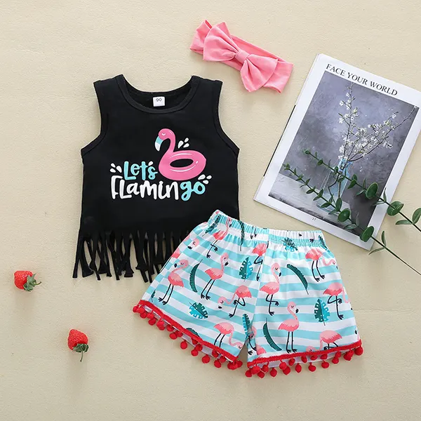 【18M-7Y】Girls Cartoon Print Tank Top And Shorts Three-piece Suit - Popopiestyle.com 