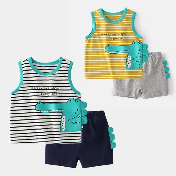 【18M-7Y】Boys Cartoon Striped Sleeveless Tank Top And Shorts Two-piece Suit - Popopiestyle.com 