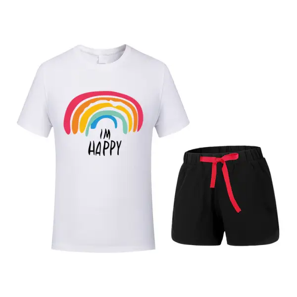 【12M-9Y】Boys Summer Short-sleeved Rainbow Print T-shirt and Shorts Two-piece Suit - Popopiestyle.com 