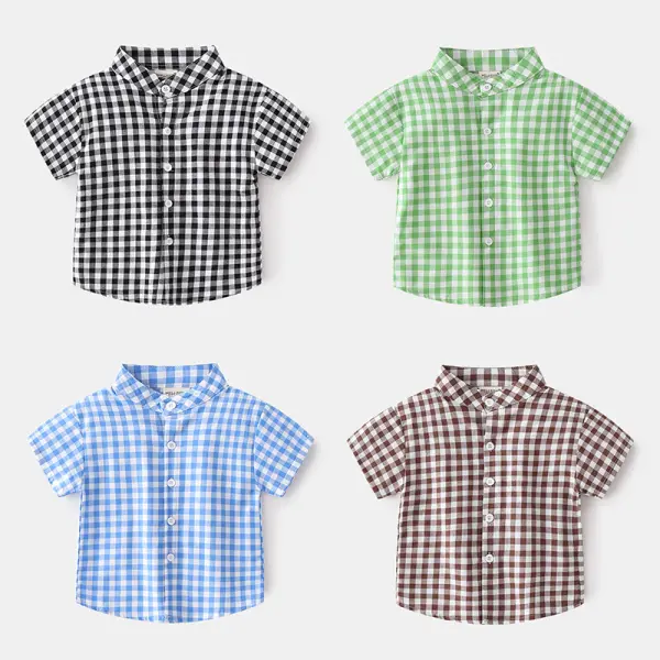 【18M-7Y】Boys' Short-sleeved Stand-collar Fashion Small Plaid Shirt - Popopiestyle.com 