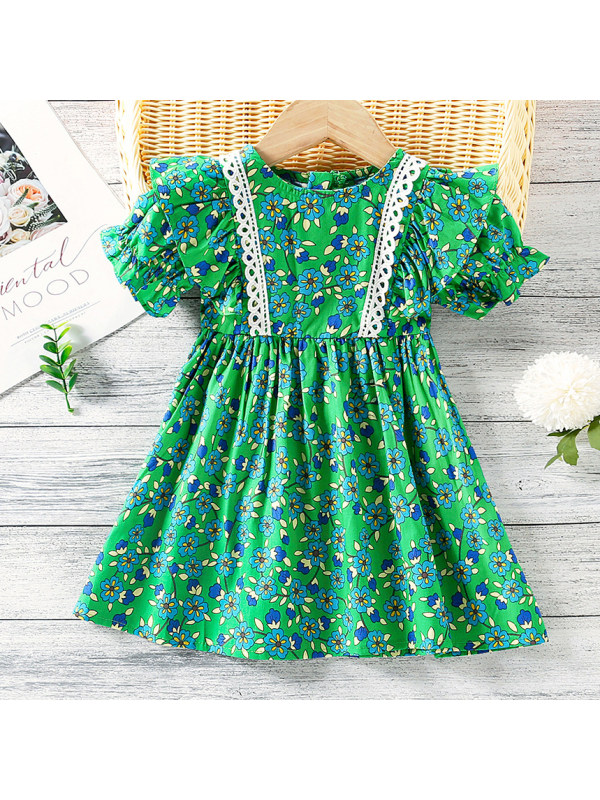 【18M-7Y】Sweet Floral Print Round Neck Green Dress