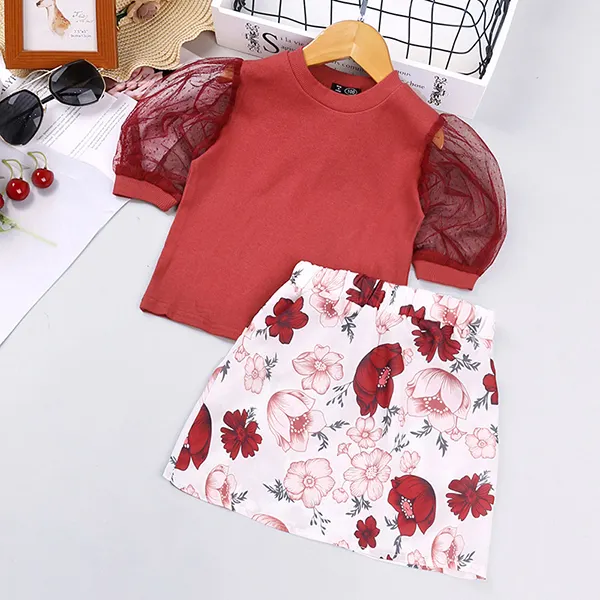 【18M-7Y】Girls' Mesh Short-sleeved Blouse And Flower Short Skirt Two-piece Suit - Popopiestyle.com 