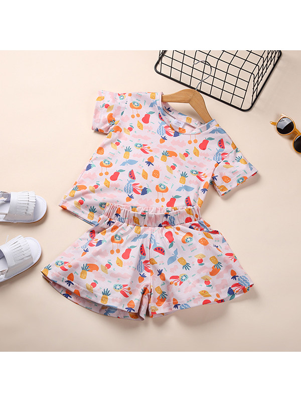 【18M-7Y】Girls Round Neck Short Sleeve Printed Top with Shorts Set