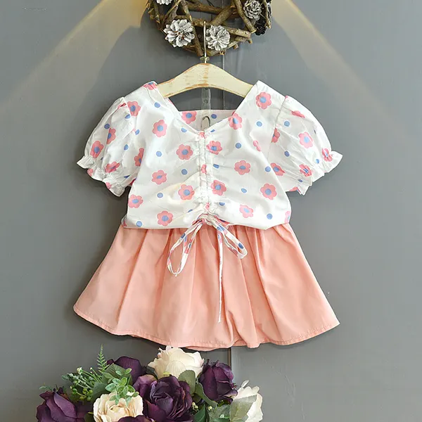 【18M-7Y】Girls Print Drawstring Short-sleeved Top With Short Skirt Two-piece Suit - Popopiestyle.com 