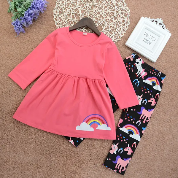 【18M-11Y】Girls Color Cartoon Rainbow Print Long-sleeved Top with Printed Trousers Suit - Popopiearab.com 