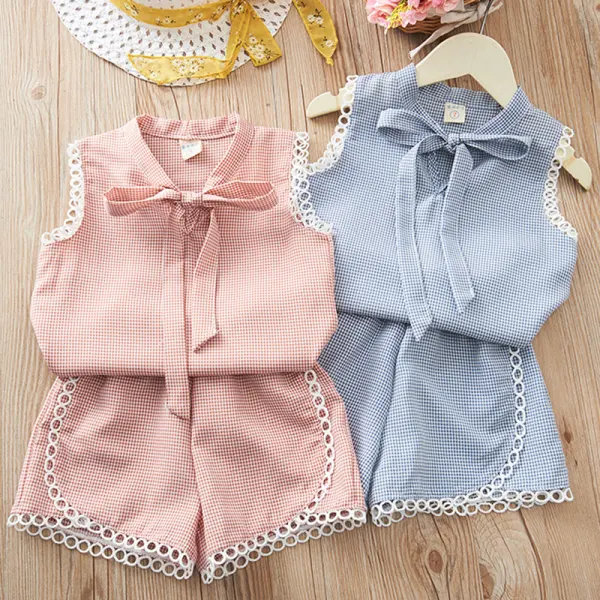 【18M-7Y】Girls Sweet Plaid Lace Top and Shorts Set - Popopiestyle.com 