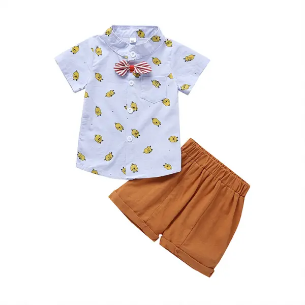 【12M-5Y】Boy's Cartoon Print Bow-knot Decoration Short-sleeved Shirt And Shorts Two-piece Suit - Popopiestyle.com 