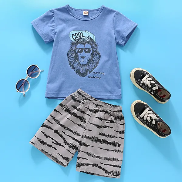 【18M-9Y】Boys Round Neck Short Sleeve Cartoon Print T-Shirt With Shorts Set - Popopiestyle.com 