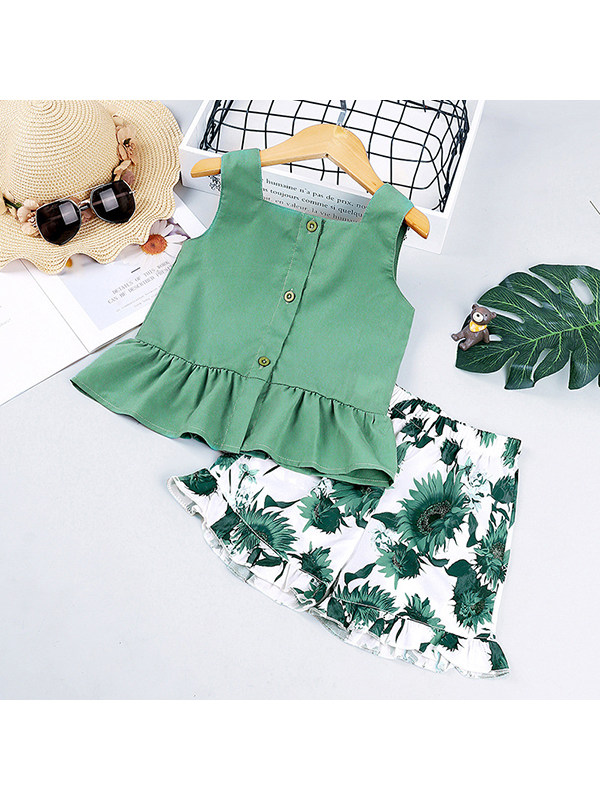 【18M-7Y】Girls Sleeveless Top Printed Shorts Two-piece Suit