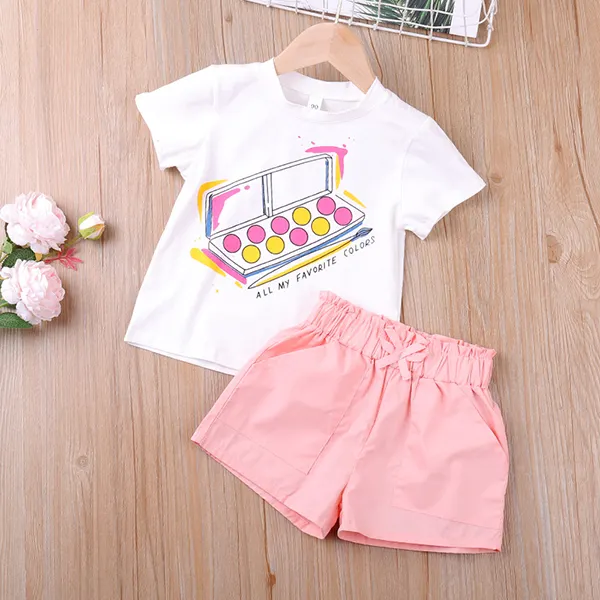 【18M-7Y】Girls Print T-shirt Solid Color Shorts Two-piece Suit - Popopiestyle.com 