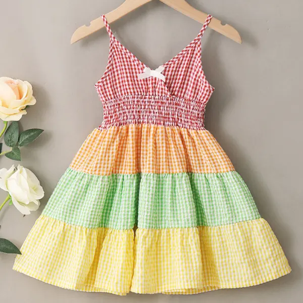 【18M-7Y】Girls Sweet Color Plaid Sling Dress - Popopiestyle.com 