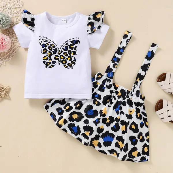 【18M-6Y】Cute Butterfly Print White T-shirt and Leopard Skirt Set - Popopiestyle.com 