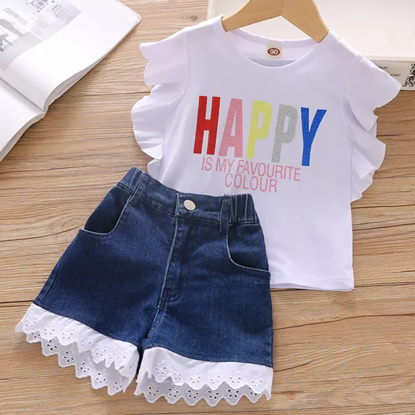 【18M-7Y】Girls Sweet Letters T-shirt Denim Shorts Set - Popopiestyle.com 