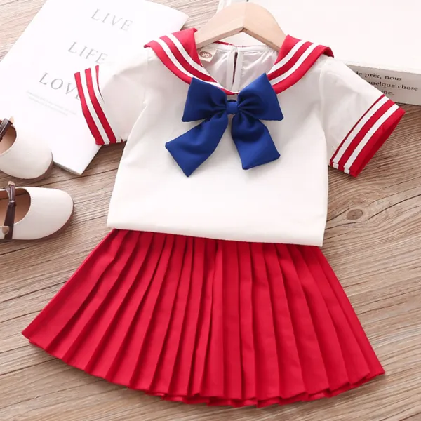 【18M-7Y】Girls Sweet Bow T-shirt Pleated Skirt Set - Popopiearab.com 