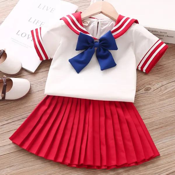 【18M-7Y】Girls Sweet Bow T-shirt Pleated Skirt Set - Popopiestyle.com 