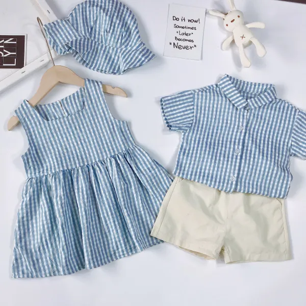 【12M-7Y】Fashion Blue Plaid Dress and Shirt Shorts Set - Popopiestyle.com 