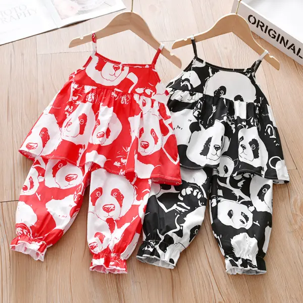 【18M-7Y】Cute Cartoon Panda Print Sling Top and Pants Set - Popopiestyle.com 