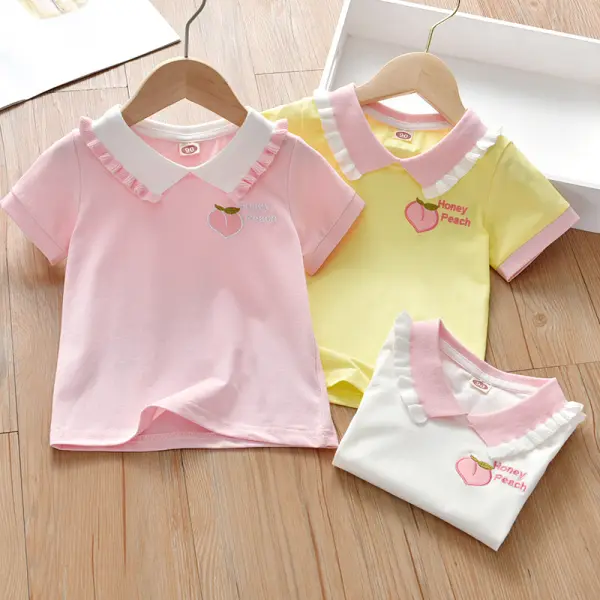 【18M-7Y】Girls Sweet Peach Embroidered Lapel Short Sleeve T-Shirt - Popopiestyle.com 