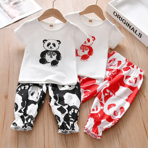 【18M-7Y】Cute Cartoon Panda Print T-shirt and Pants Set - Popopiestyle.com 