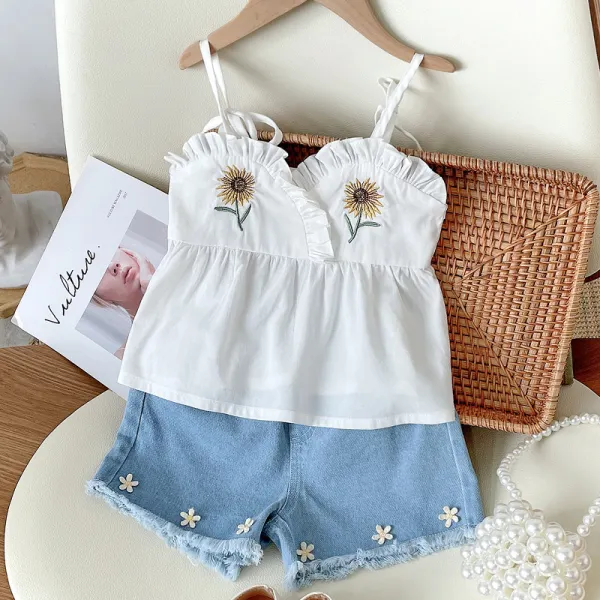 【18M-7Y】Girl Sweet White Embroidered Sling Top Denim Shorts Set - Popopiestyle.com 