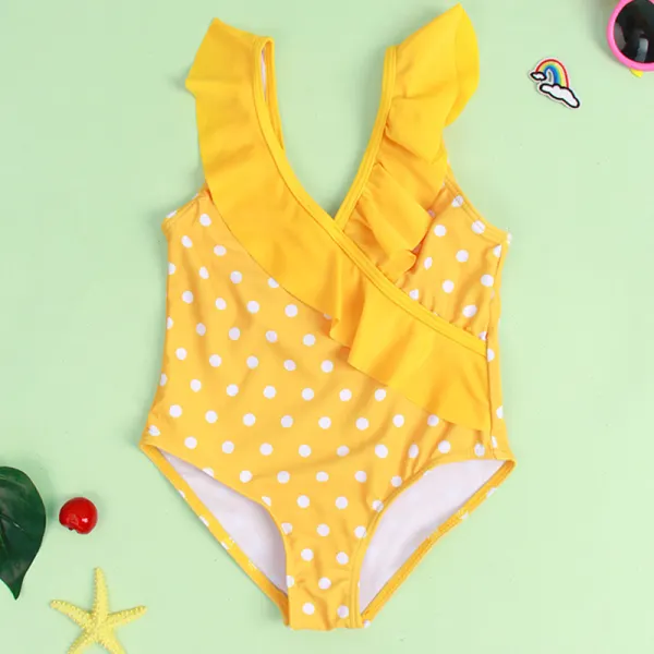 【18M-6Y】Girl Sweet Yellow Polka Dot Swimsuit - Popopiestyle.com 